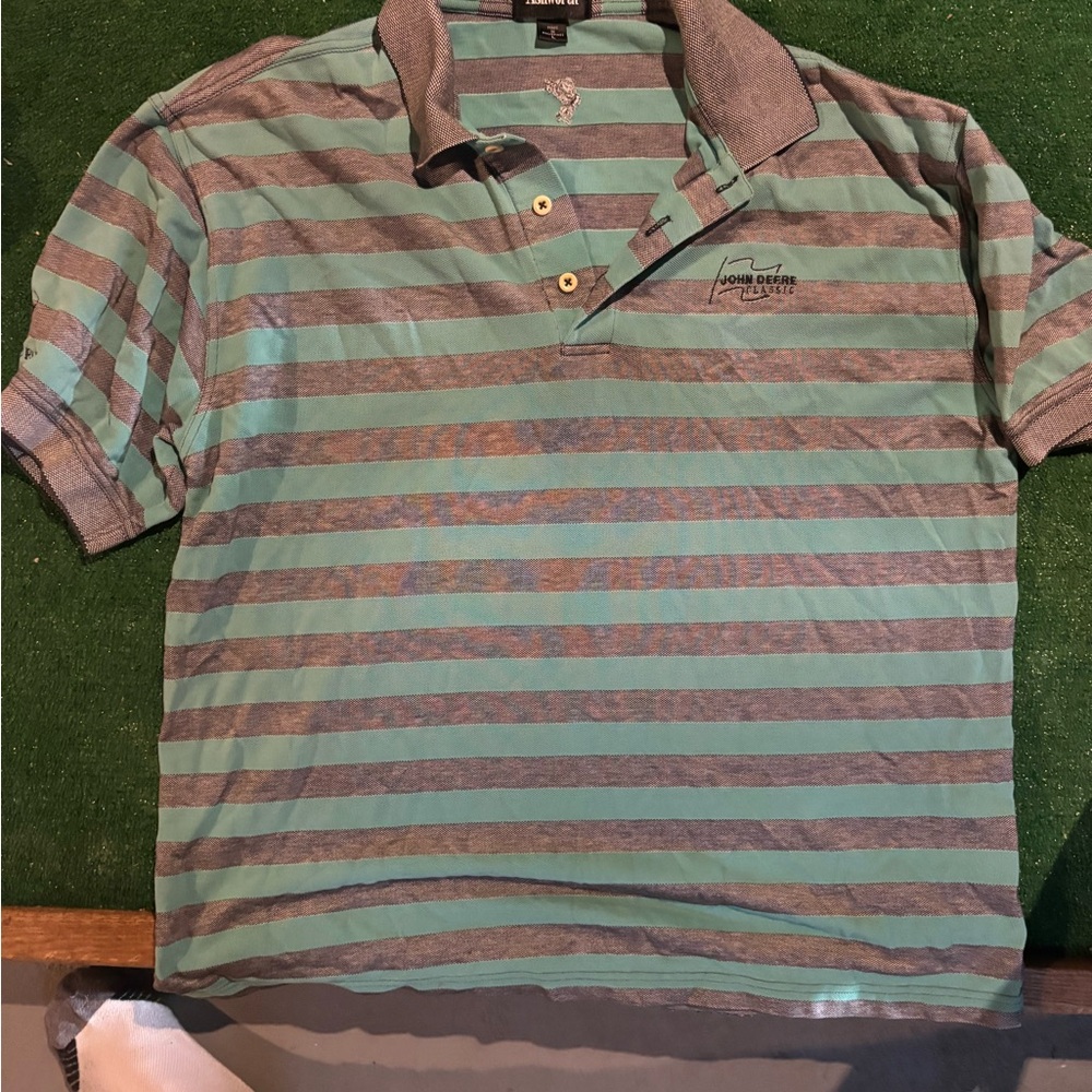 John Deere Green and Gray Striped Men's Polo Shirt